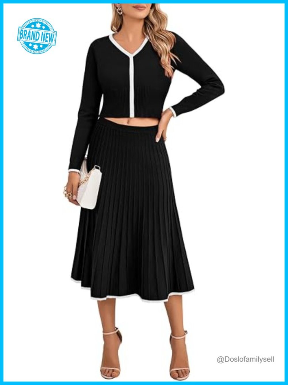 2 Piece Skirt Set Long Sleeve Crop Top Pleated Midi